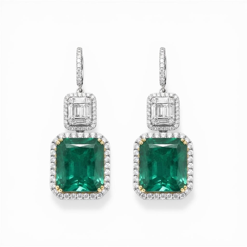 14KT Two-Tone Emerald And Diamond Halo Dangle Earrings