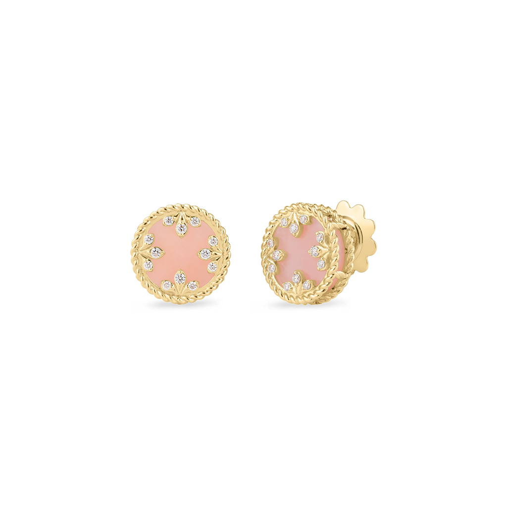 18kt Yellow Gold Venetian Medallion Pink Opal & Diamond Stud Earrings