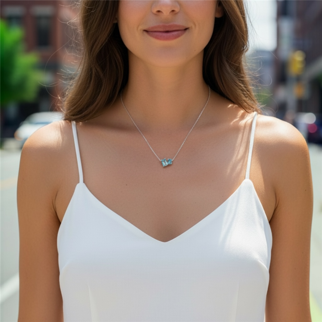 14KT White Gold Blue Topaz Toi Et Moi Necklace