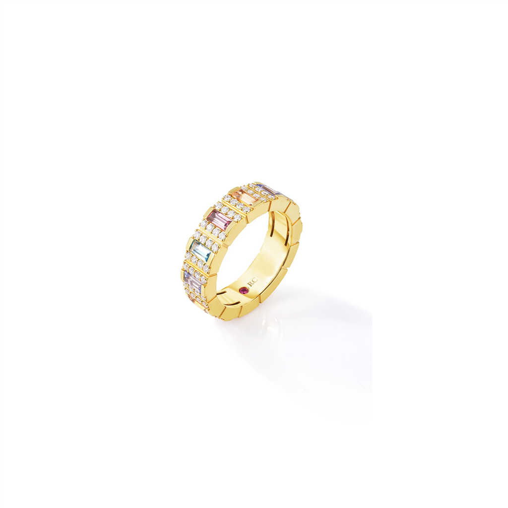 18kt Yellow Gold 5mm Obelisco Pavé Diamond & Mixed Gemstone Ring