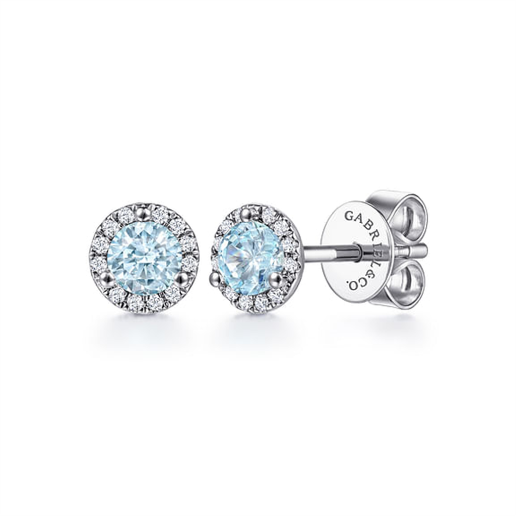 14K White Gold Round Halo Aquamarine and Diamond Stud Earrings