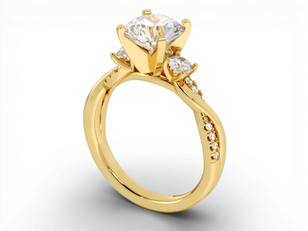 14kt Yellow Gold 3-Stone Twist Diamond Engagement Ring – 0.70ct Center