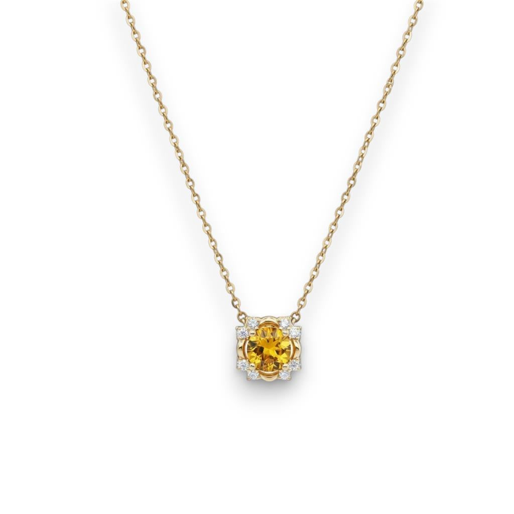 14K Yellow Gold Citrine & Diamond Halo Pendant Necklace