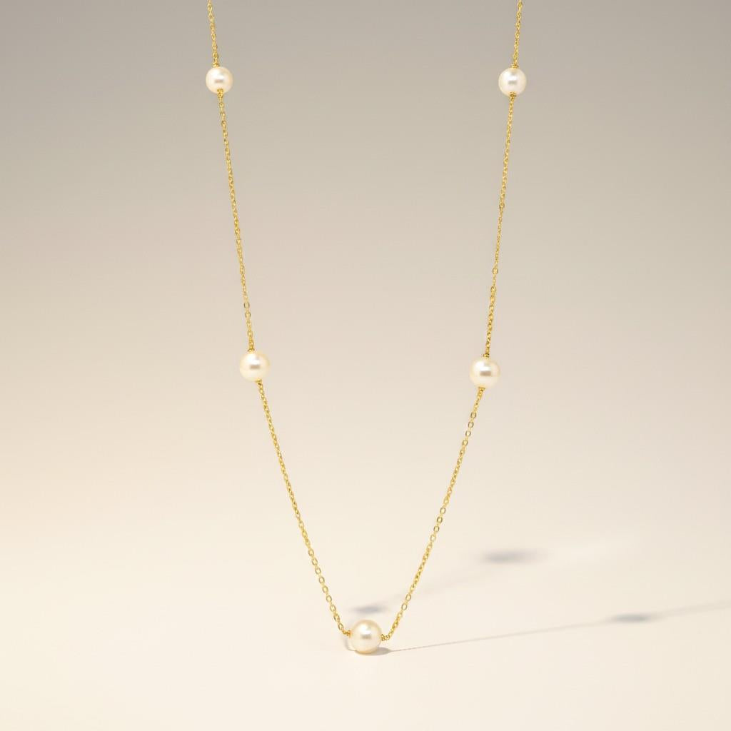14KT Yellow Gold Tin Cup Pearl Station Necklace – 6mm White Pearls, 17.5"