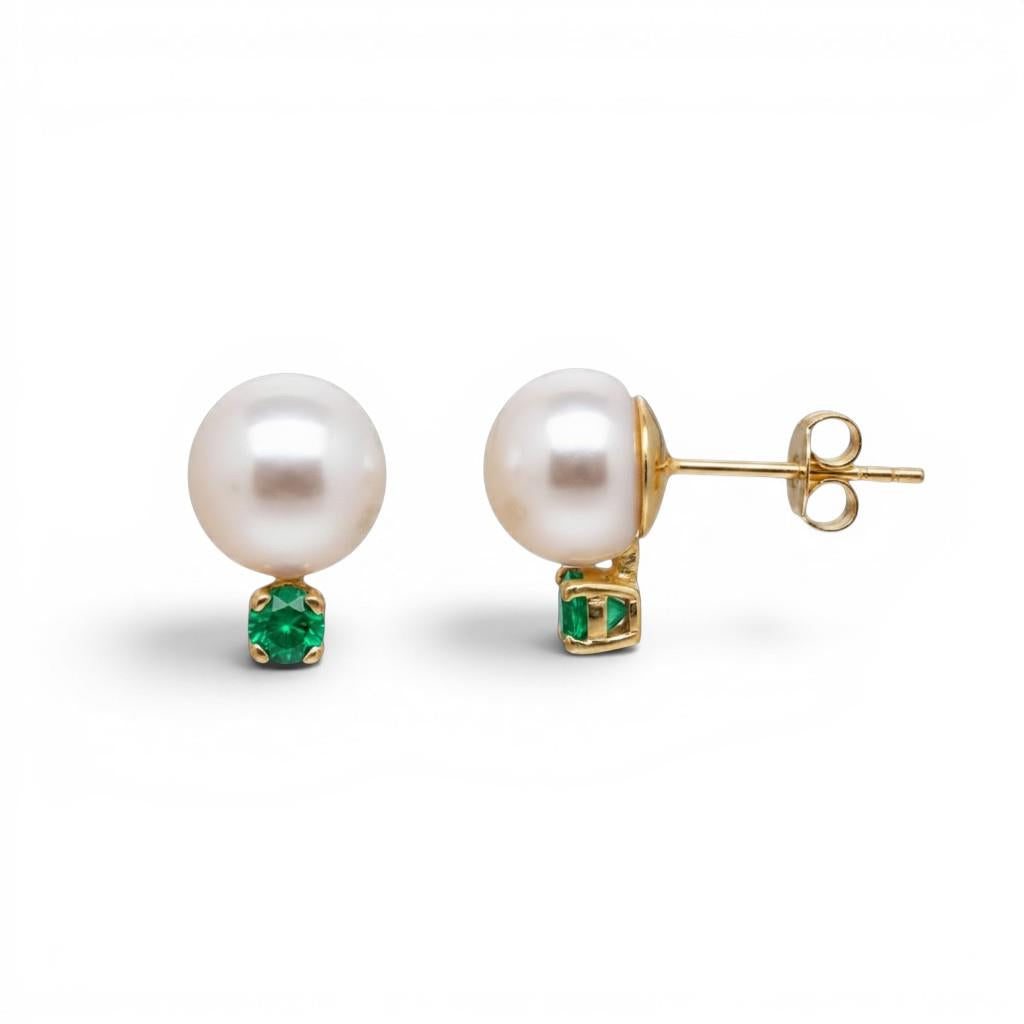 14KT Yellow Gold Pearl & Emerald Stud Earrings