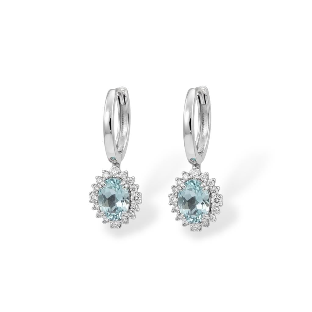 14KT White Gold Aquamarine & Diamond Halo Dangle Earrings