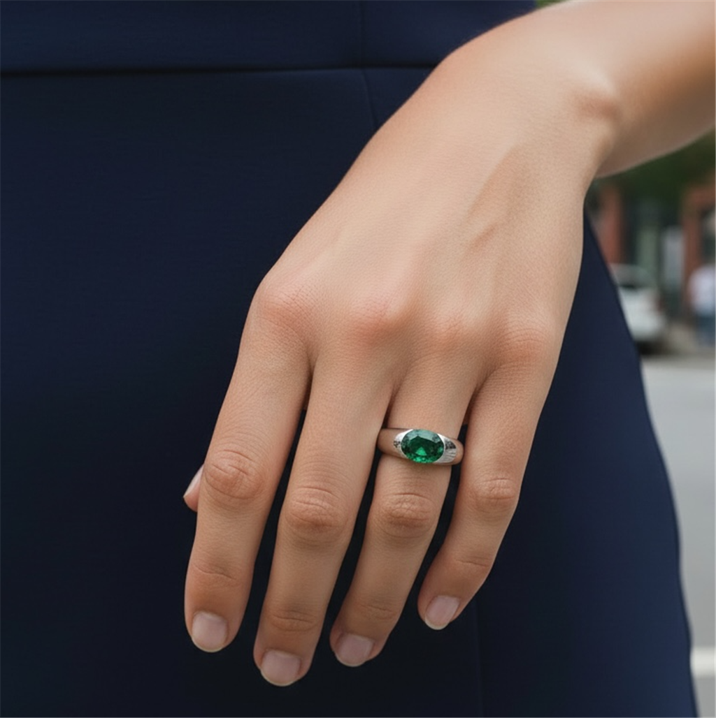 Platinum Oval Emerald Ring with Hidden Diamond Detail