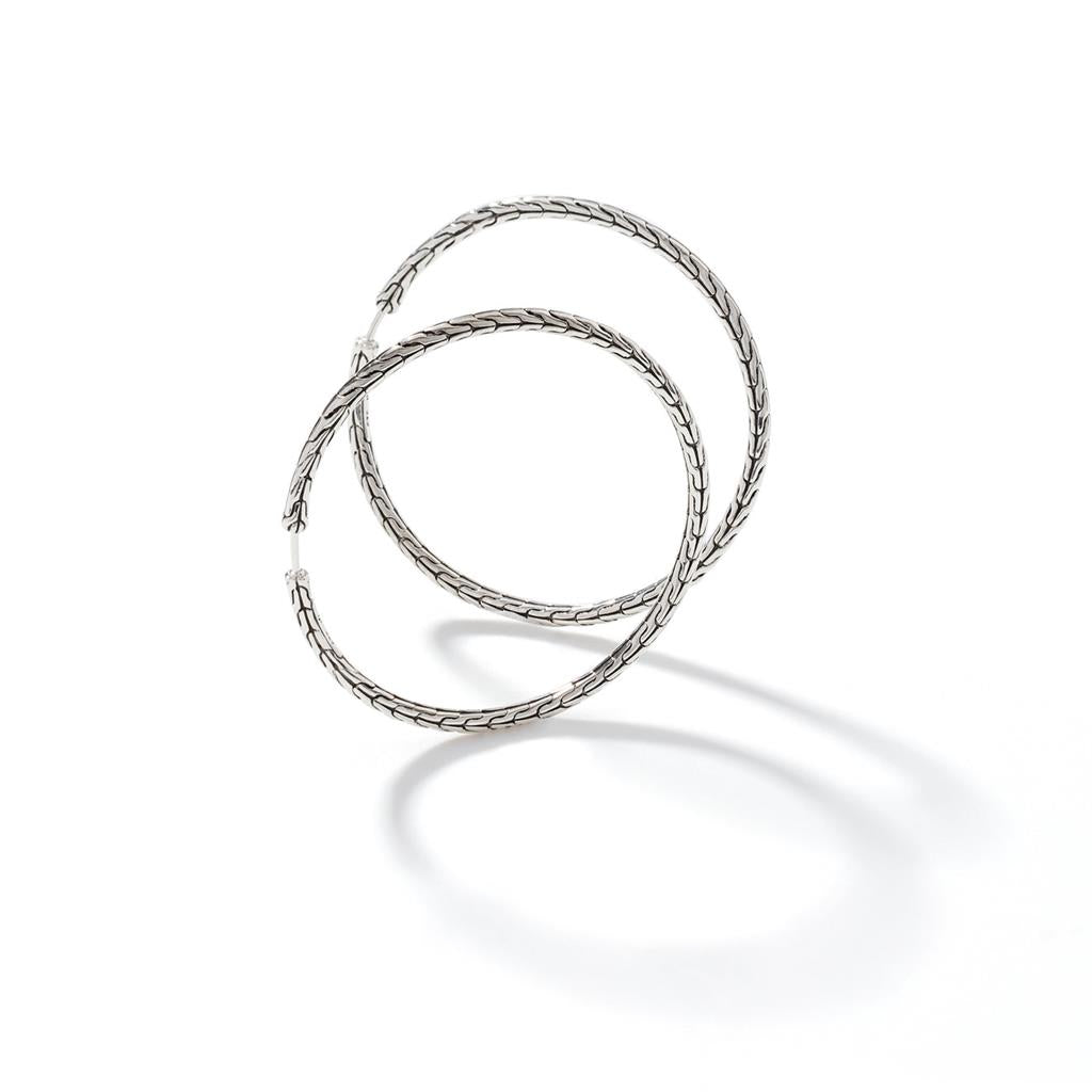 Sterling Silver 50mm Carved Chain Hoop Earrings