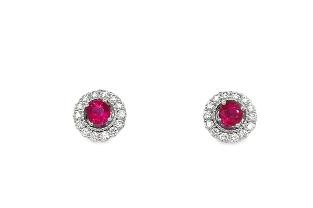 18kt White Gold Ruby & Diamond Fancy Halo Stud Earrings ā 1.19ct Rubies