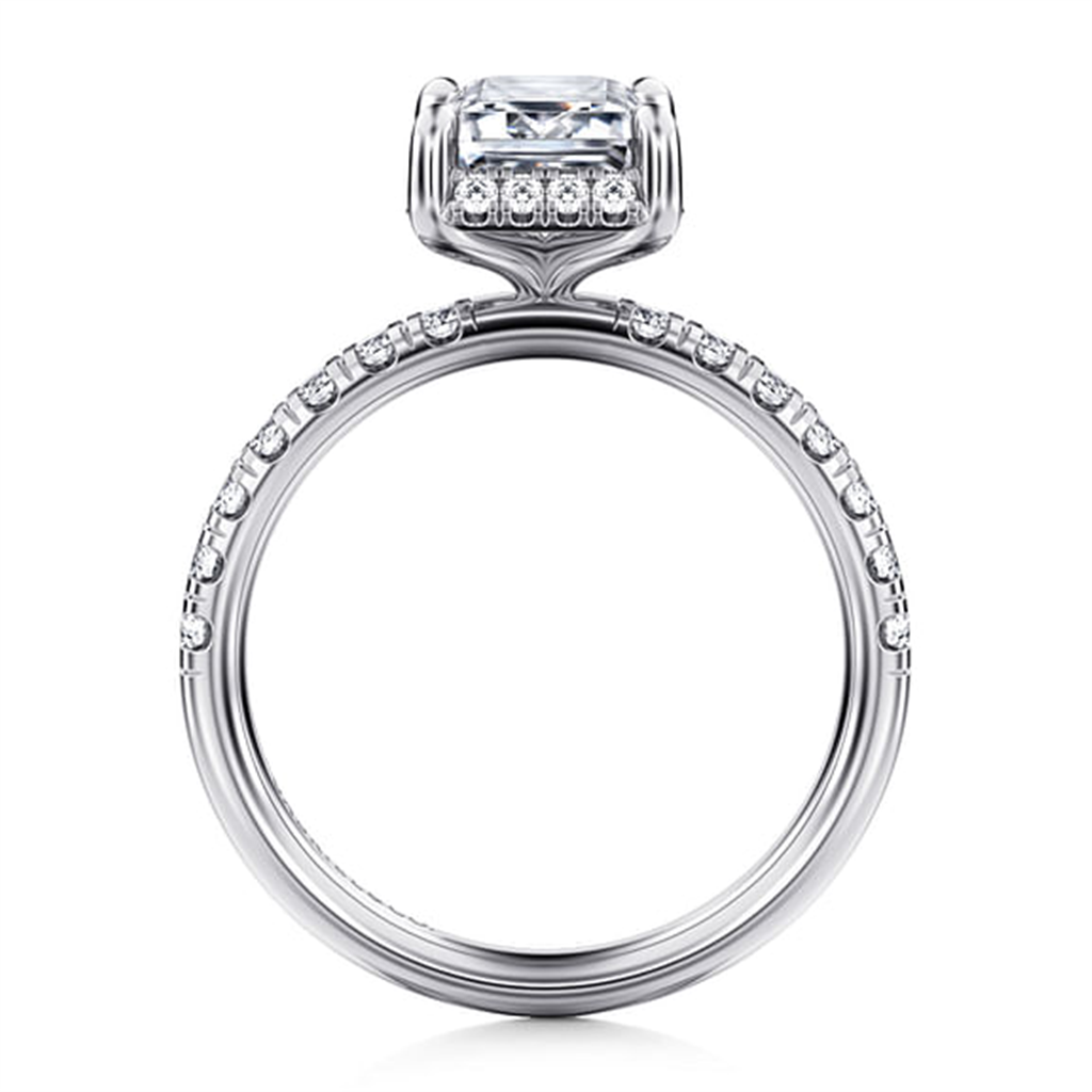 14KT White Gold Emerald Cut Hidden Halo Diamond Engagement Ring