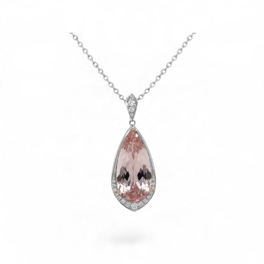 14KT White & Rose Gold 7.24ct Pear Morganite and Diamond Half Halo Pendant