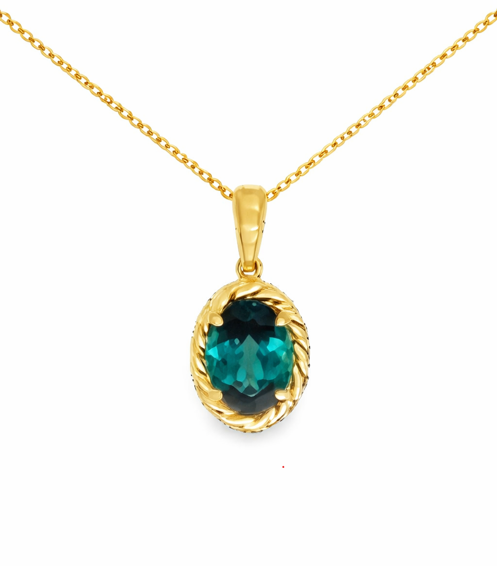 14kt Yellow Gold Oval Rope Pendant with Indicolite Tourmaline
