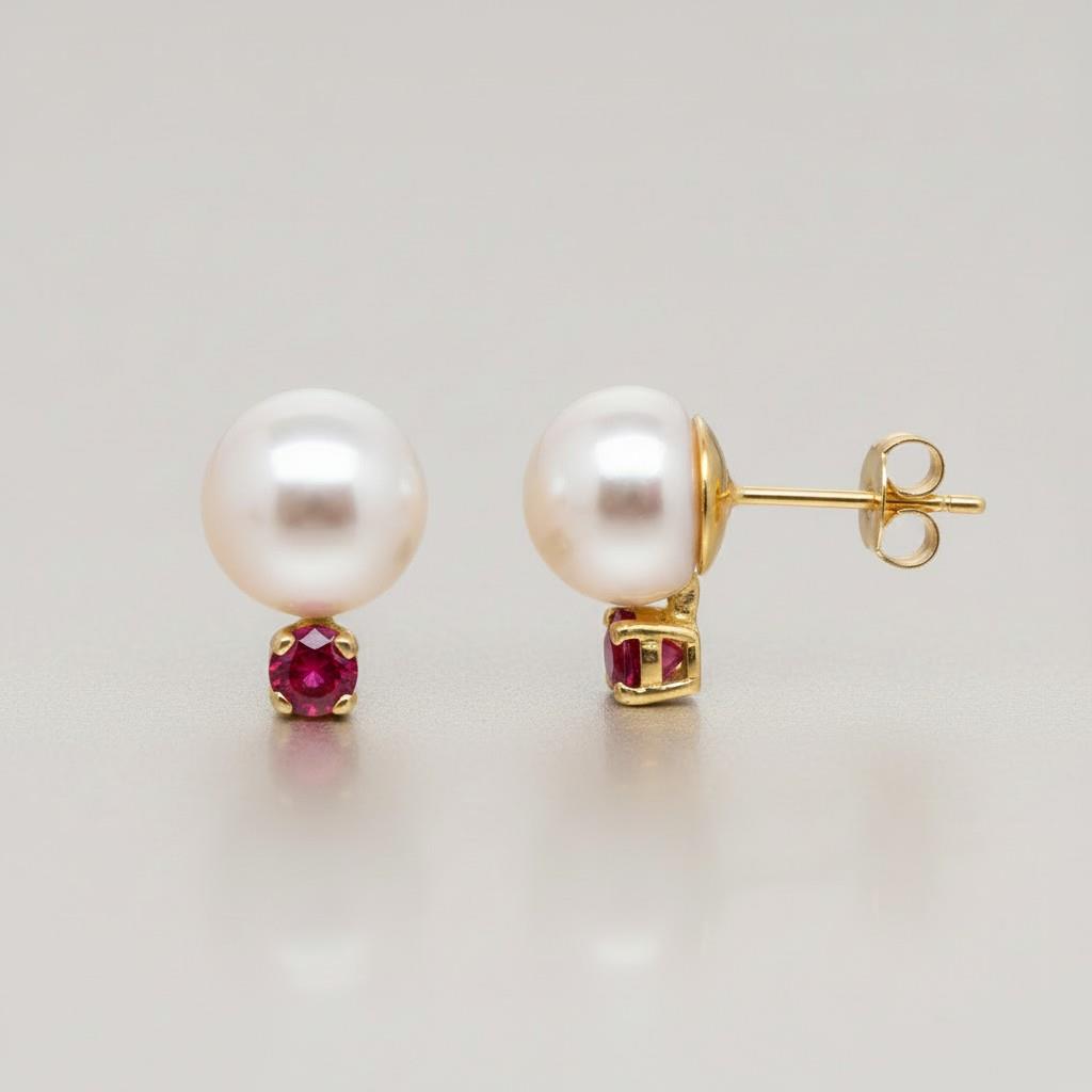 14KT Yellow Gold Pearl & Ruby Stud Earrings