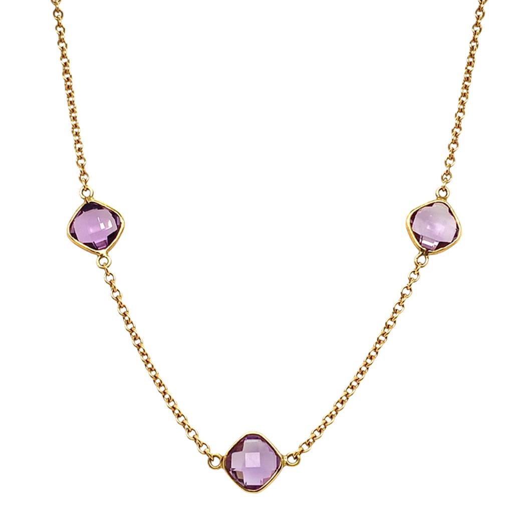 18kt Yellow Gold 7-Stone Bezel-Set Cushion-Cut Amethyst Station Necklace – 16"