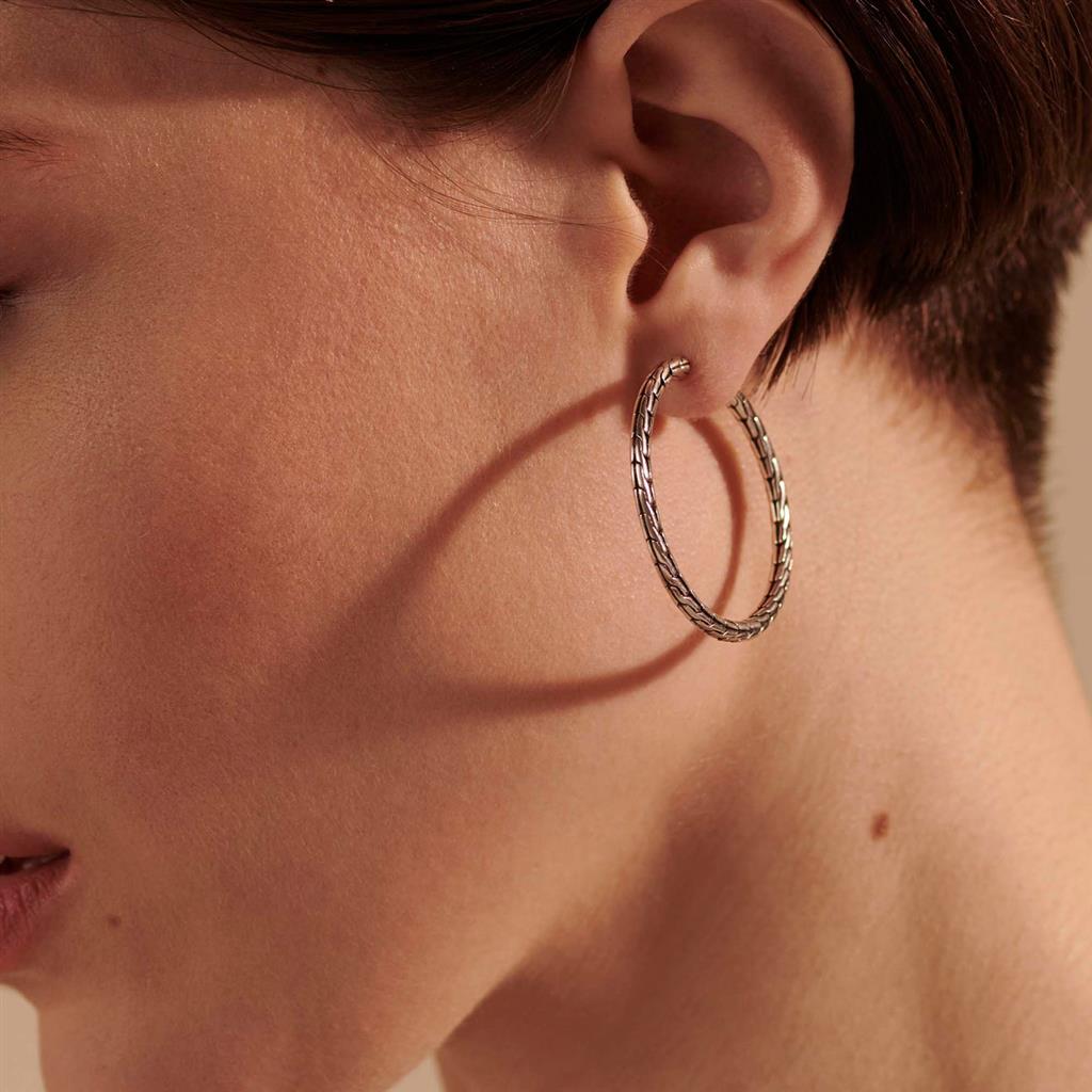 Carved Chain Hoop Earring, Sterling Silver, 37MM