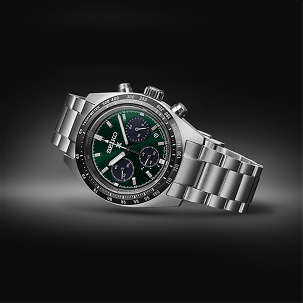 Seiko Prospex Speedtimer Stainless Steel Green Index Dial Watch - side view