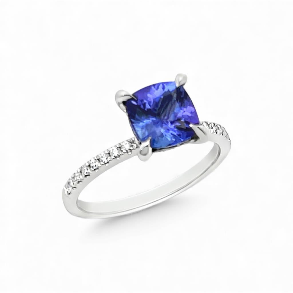 18 Kt White Gold Tanzanite Hidden Halo Diamond Fashion Ring