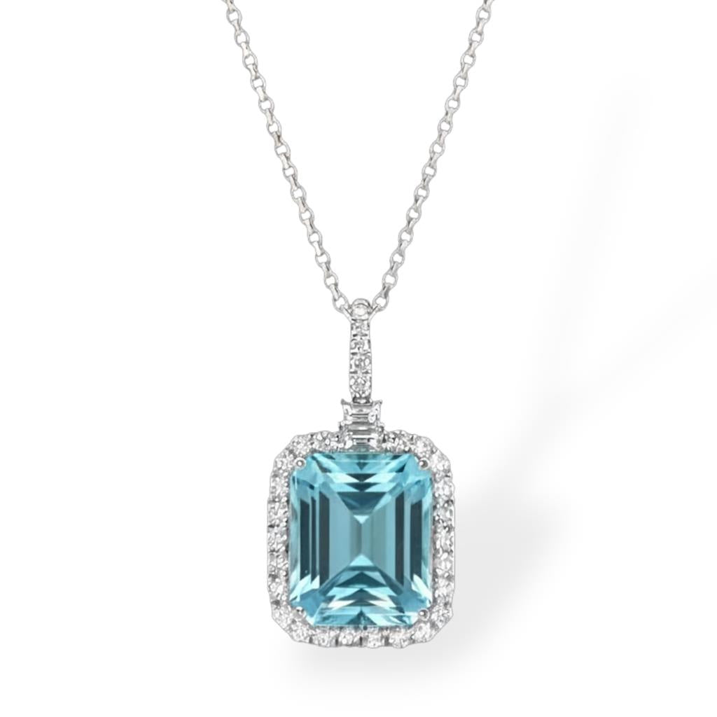 18K White Gold Aquamarine & Diamond Halo Pendant Necklace | 13.07 CTW