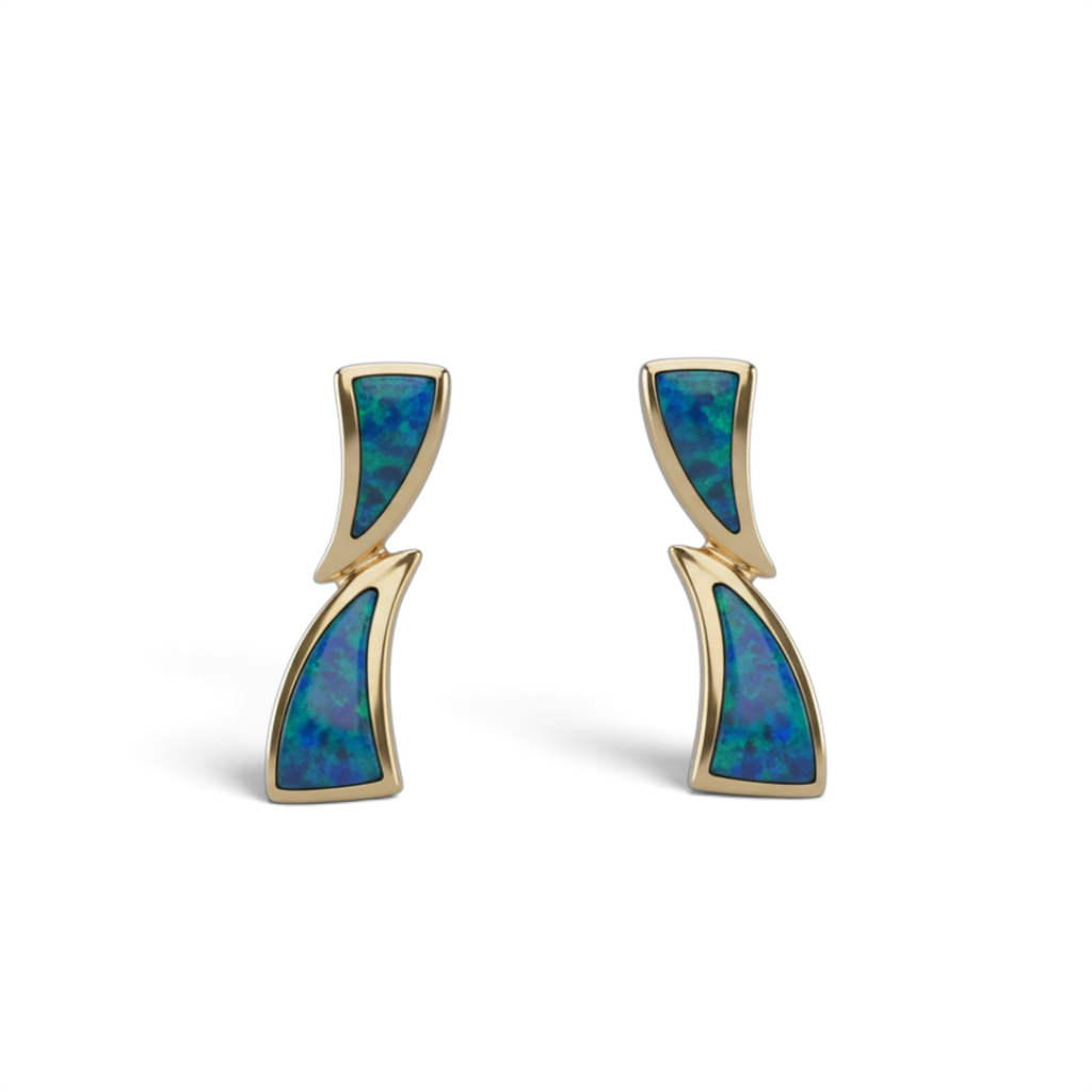 14KT Yellow Gold Blue Opal Inlay Earrings