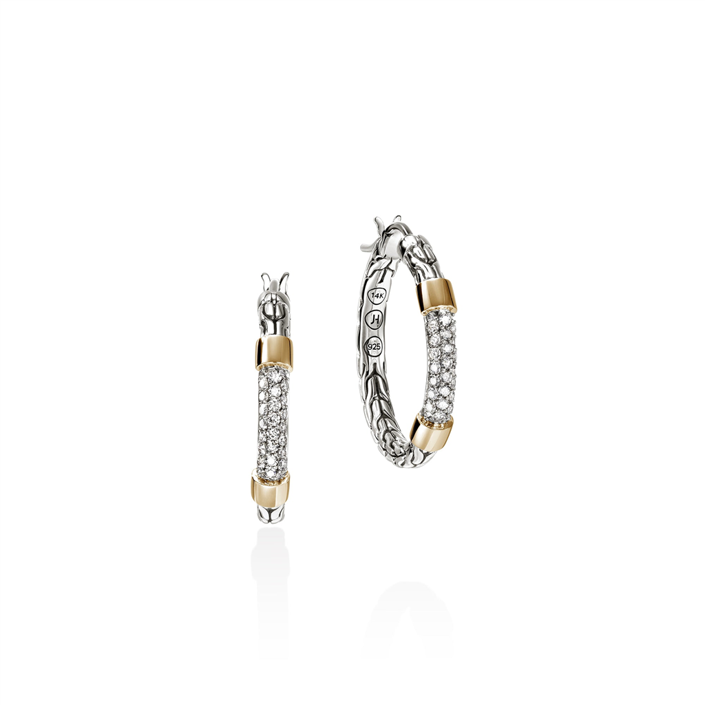 Sterling Silver & 14kt Yellow Gold Diamond Pave Hoop Earrings