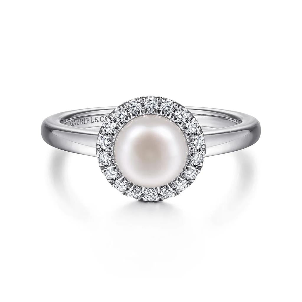 14kt White Gold Pearl & Diamond Halo Ring – 6.5mm Cultured Pearl
