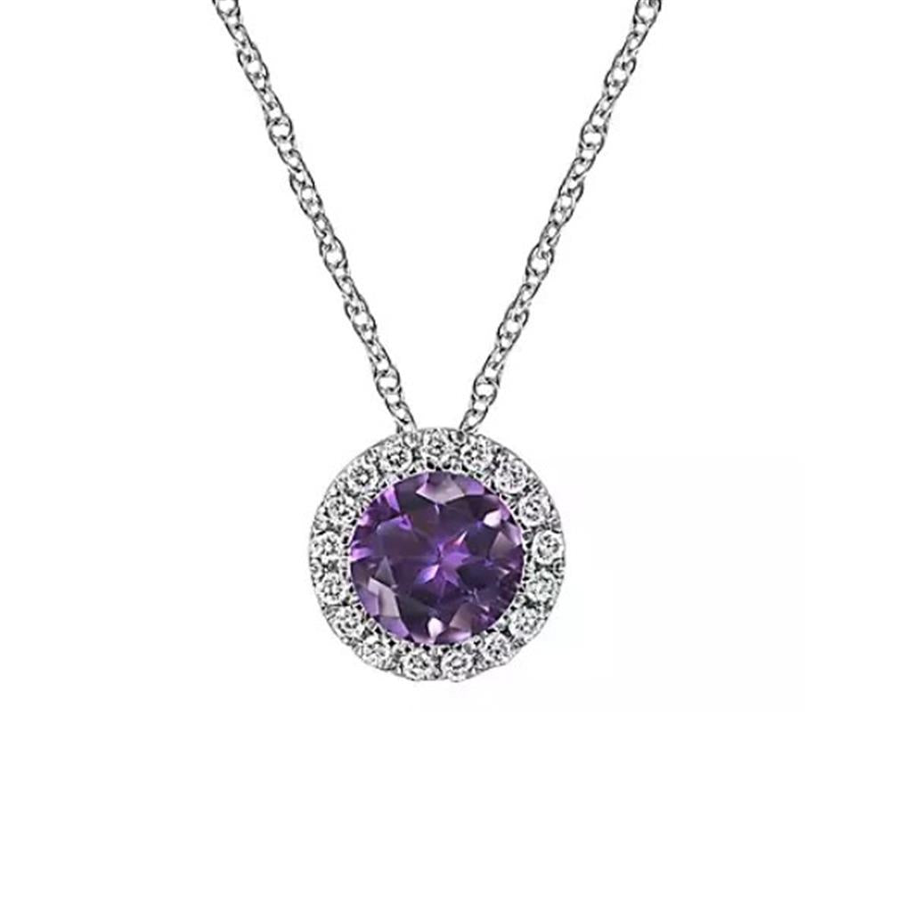 14KT White Gold Amethyst and Diamond Halo Pendant Necklace