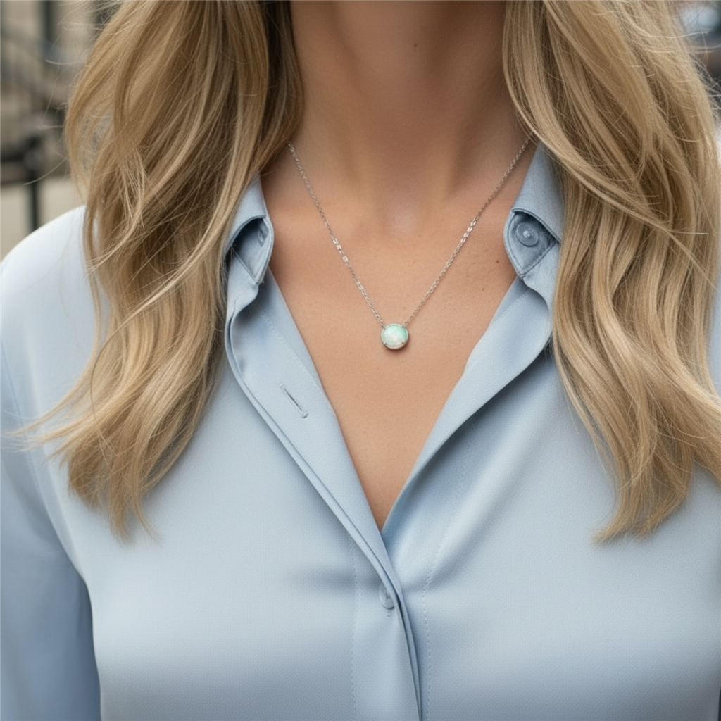 14KT White Gold Oval Opal Pendant Necklace