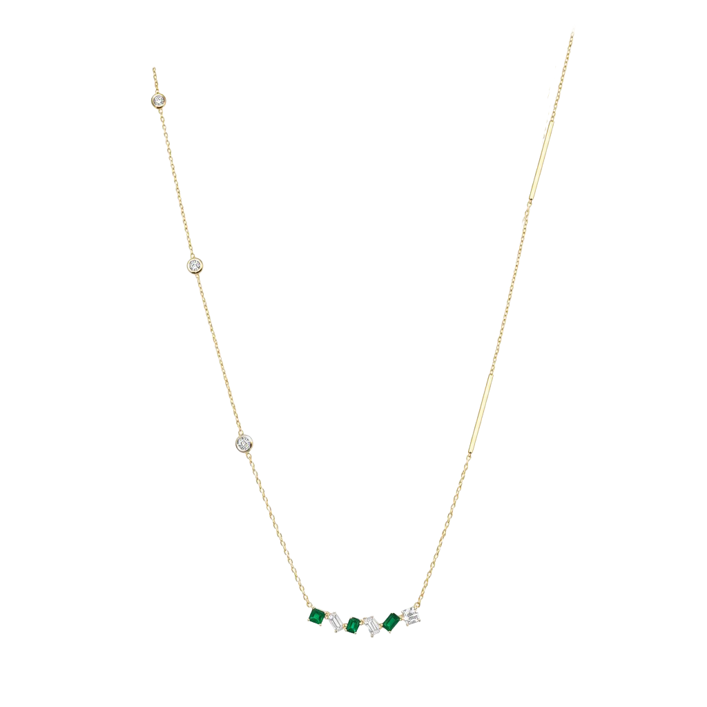 14K Two-Tone Gold Emerald & Multi-Shape Diamond Cluster Bar Necklace
