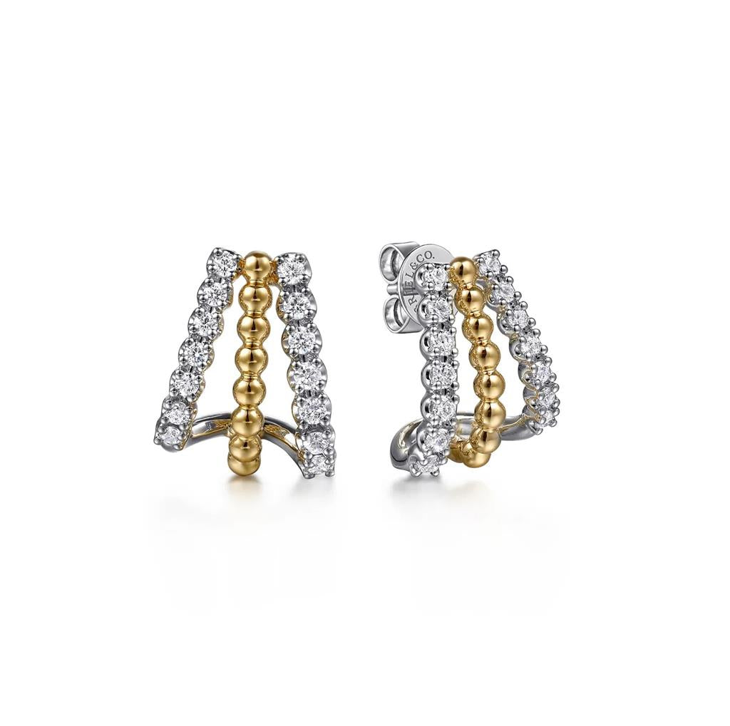 14kt Two-Tone Bujukan Diamond J Hoop Stud Earrings