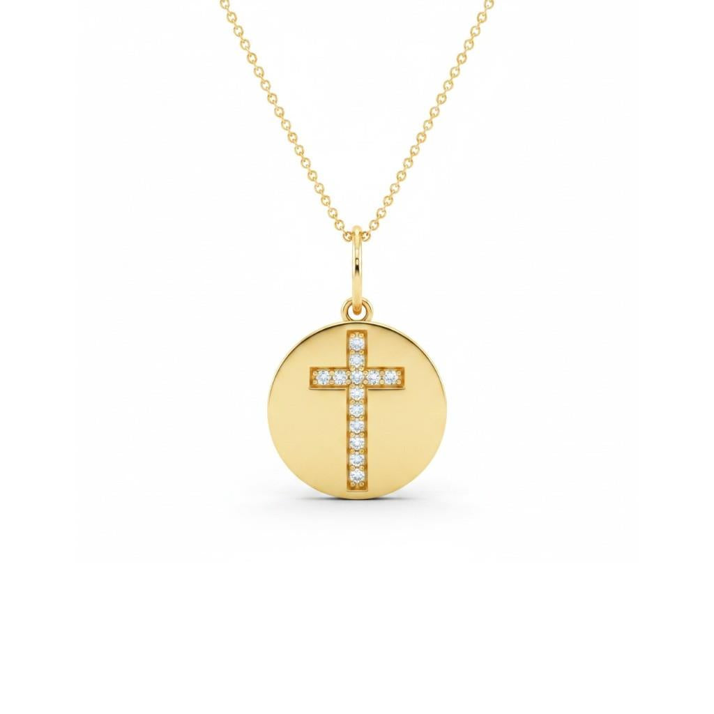 14K Yellow Gold Diamond Cross Disc Pendant | 0.10ct