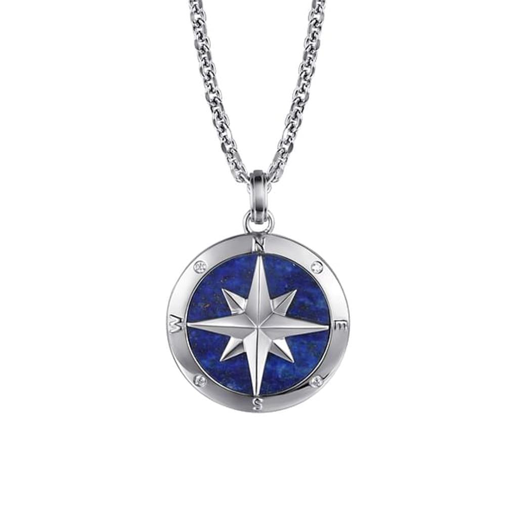 22 " 925 Sterling Silver Diamond and Lapis Compass Pendant Necklace