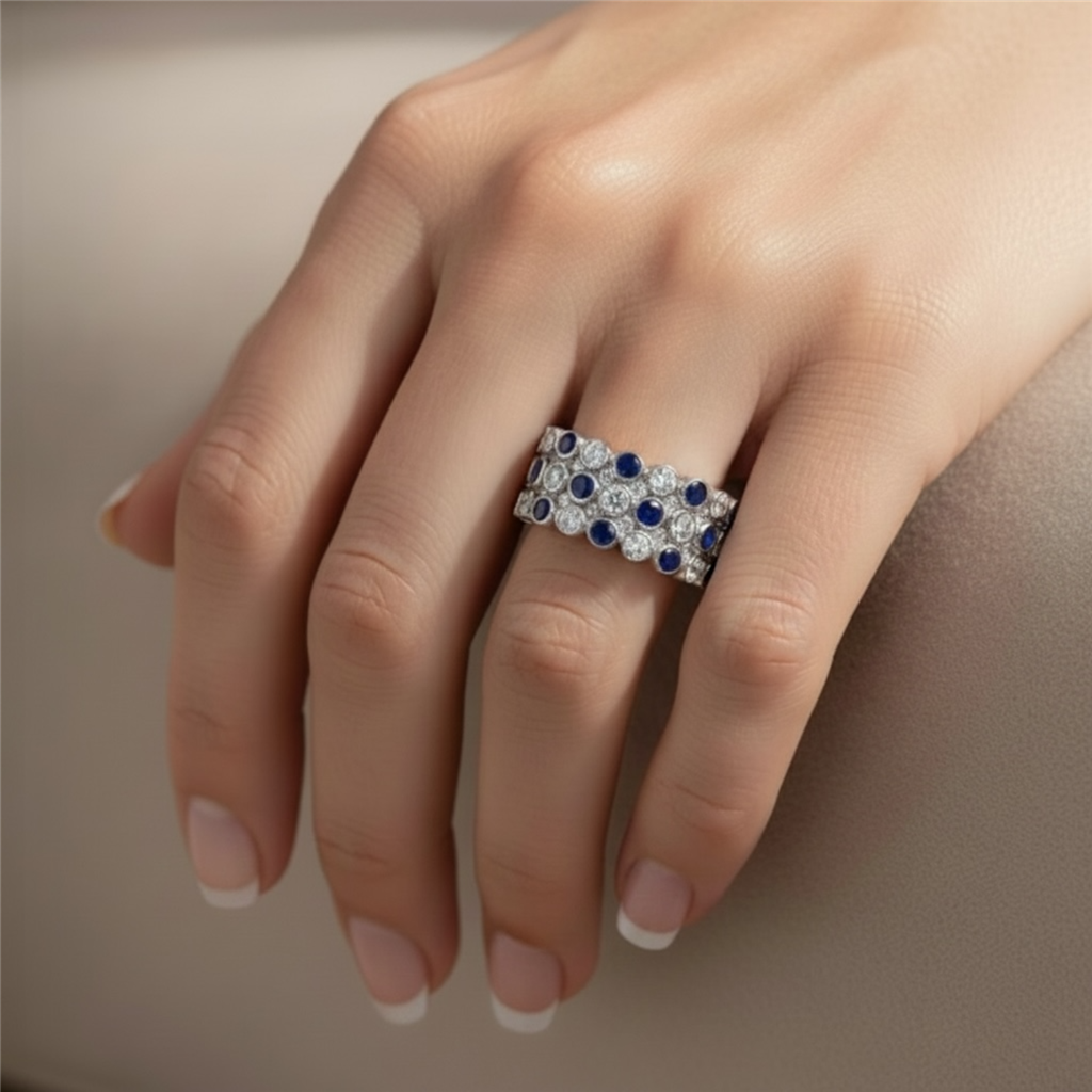 18K White Gold Diamond & Sapphire Circle Fashion Ring | 1.54 CTW
