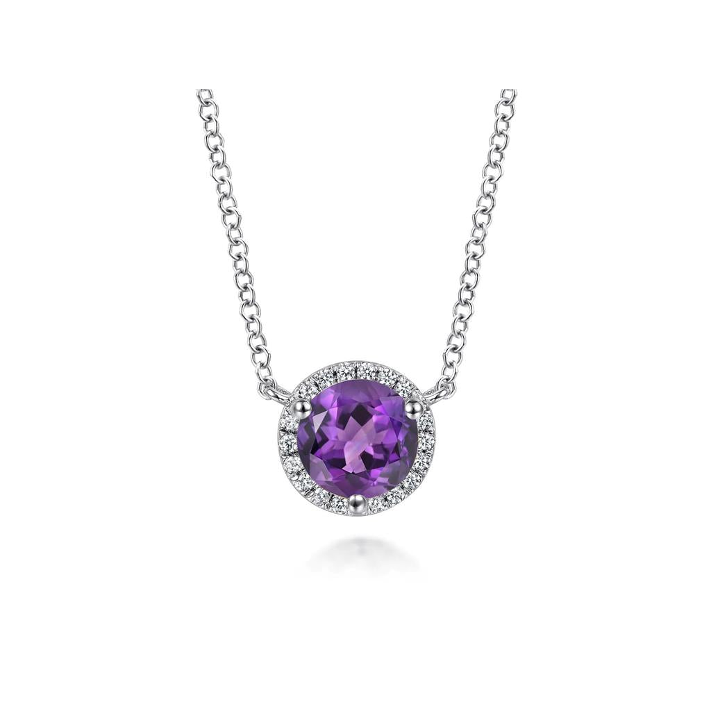 14KT White Gold Amethyst & Diamond Halo Necklace