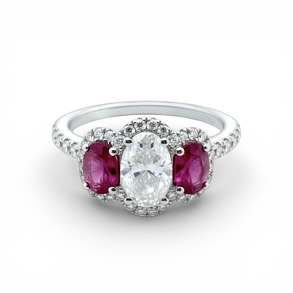 18KT White Gold Diamond & Ruby 3-Stone Halo Engagement Ring