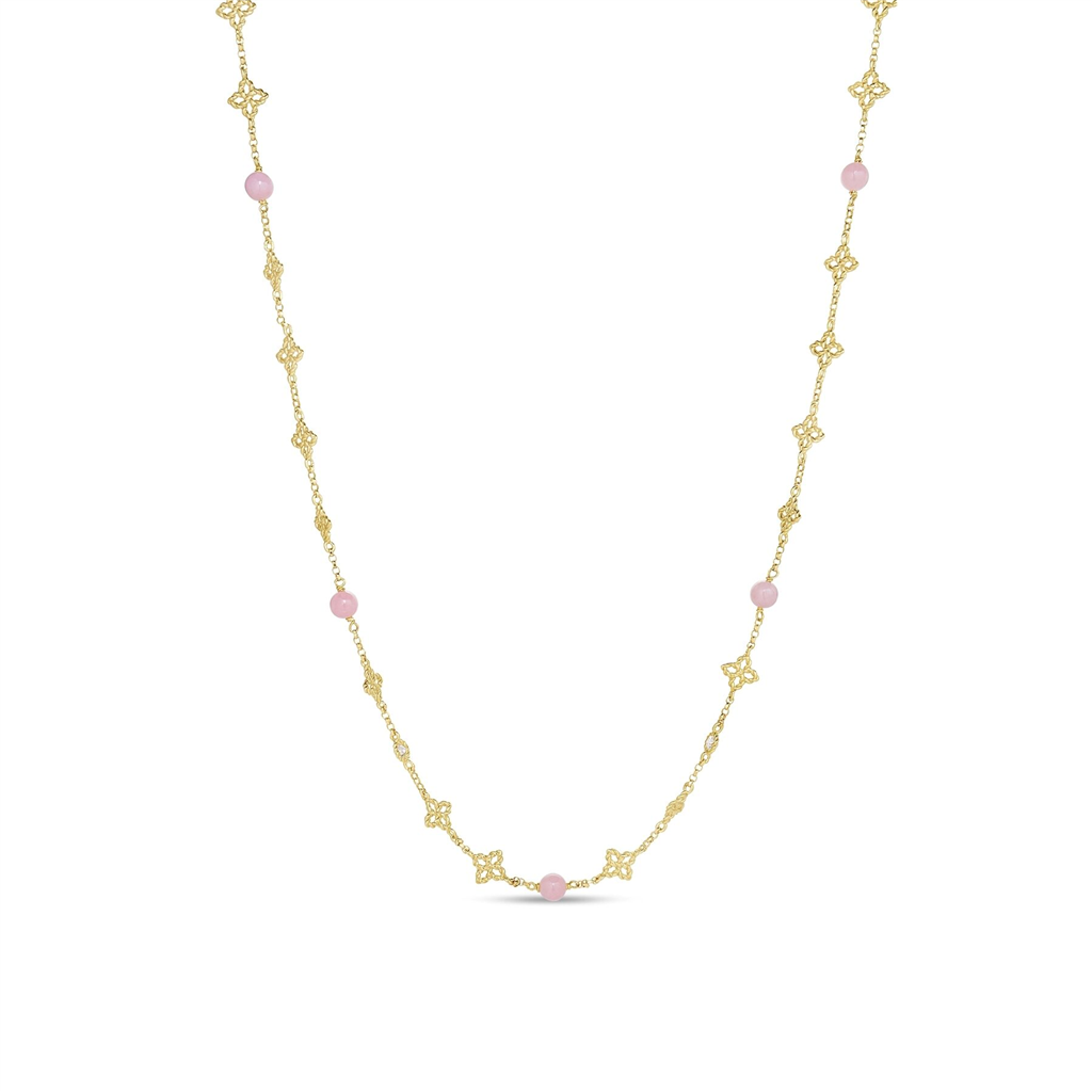 18KT Yellow Gold Princess Flower Pink Opal & Diamond Station Necklace