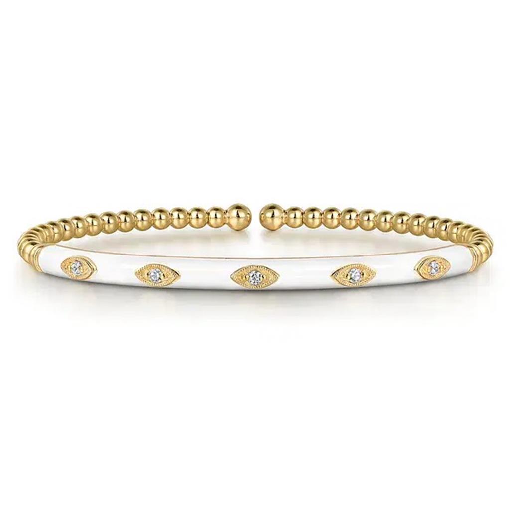 14K Yellow Gold Bujukan Beads and Diamond Split Bangle with White Enamel