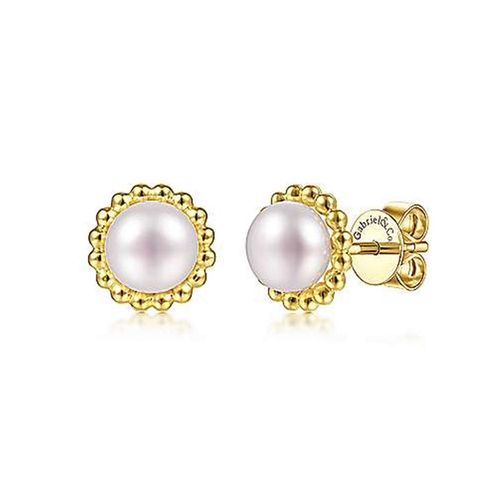 14K Yellow Gold Pearl with Beaded Frame Stud Earrings