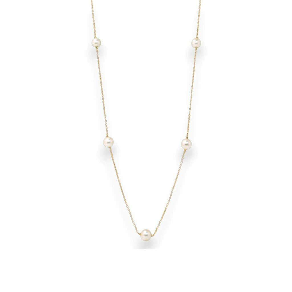 14KT Yellow Gold Tin Cup Pearl Station Necklace – 6mm White Pearls, 17.5"