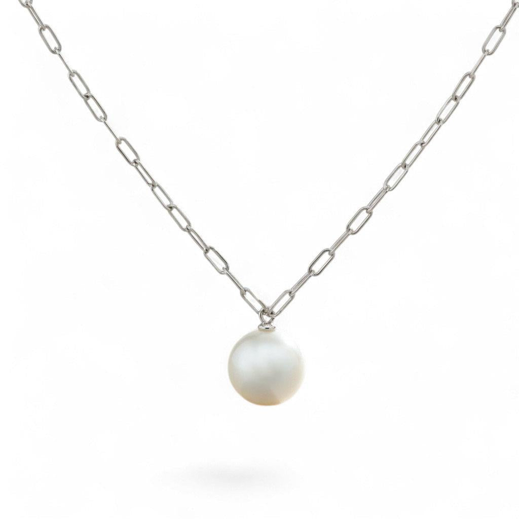 18KT White Gold Japanese Cultured Pearl Paperclip Necklace – 7.5–8mm, 18"