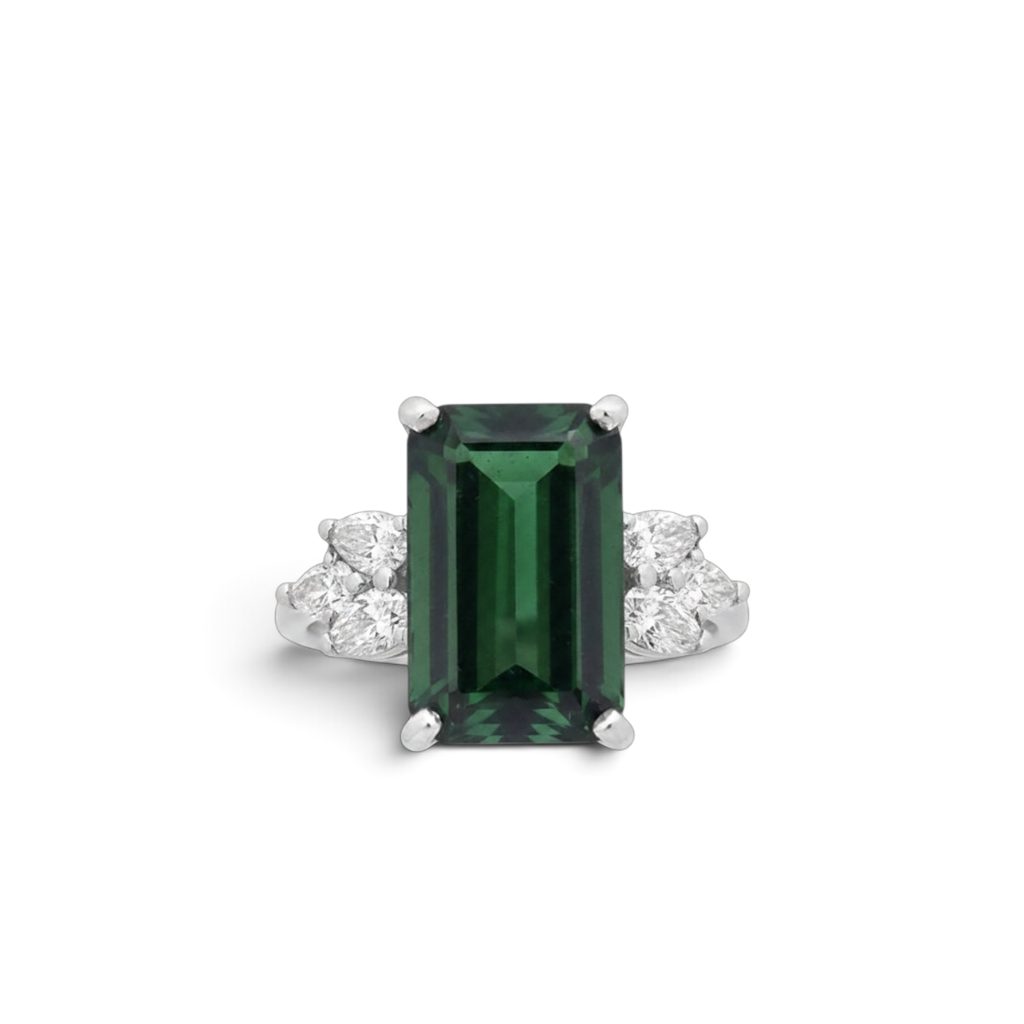 14K White Gold Euro Shank Green Tourmaline & Diamond Ring – 5.48ct
