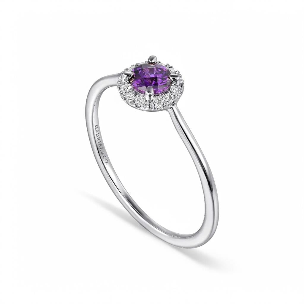 14KT White Gold Amethyst Diamond Round Halo Fashion Ring