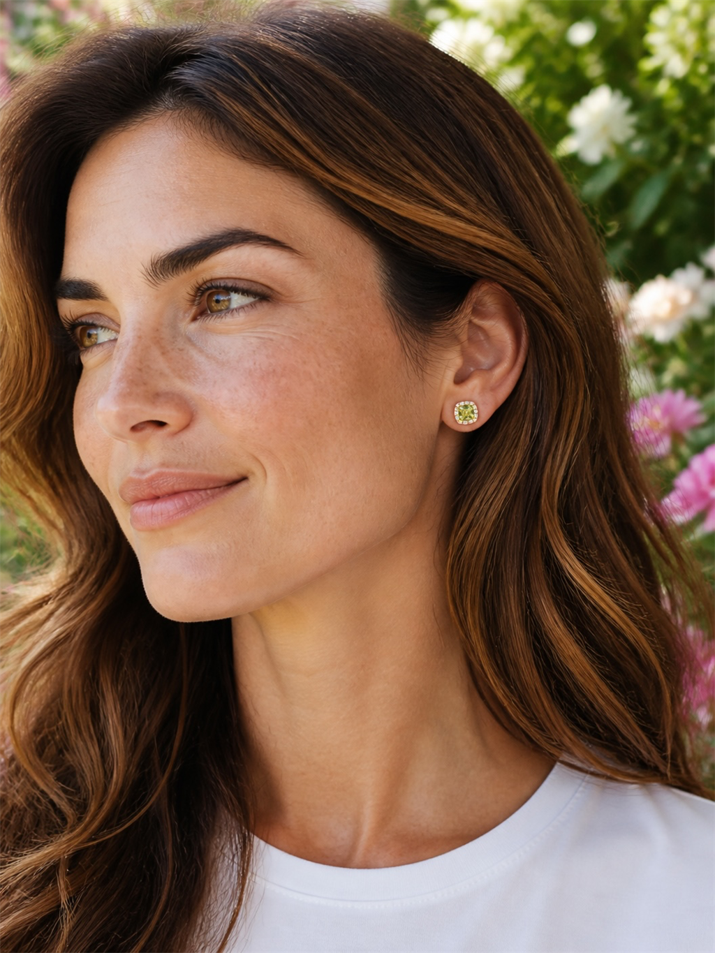 14K Yellow Gold Peridot & Diamond Cushion Halo Stud Earrings