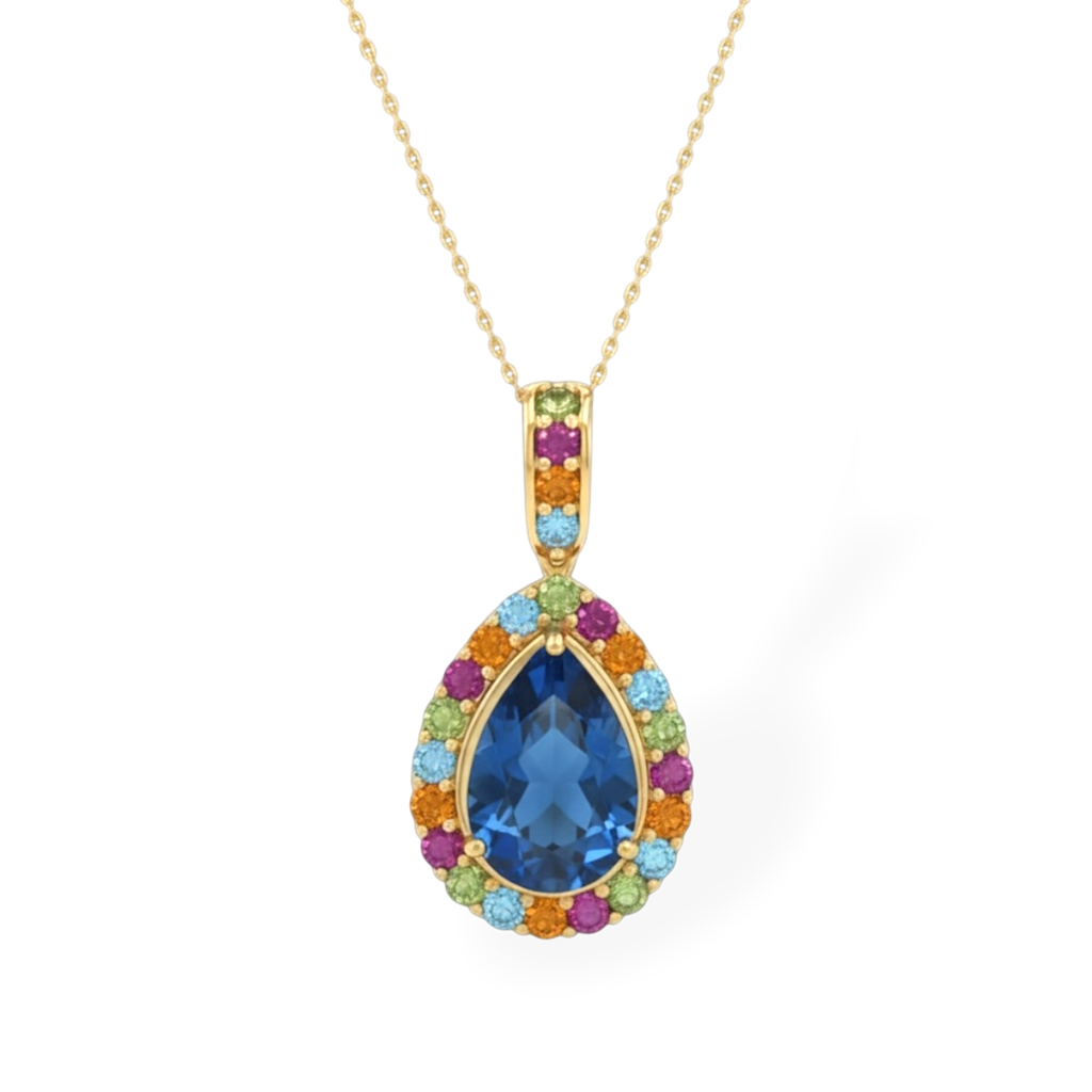 14KT Yellow Gold Multicolor Gemstone Pear Halo Pendant Necklace