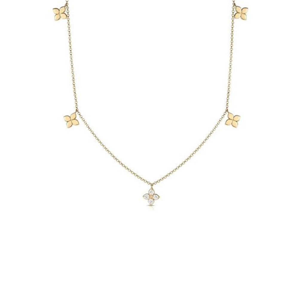 18KT Yellow Gold Love By The Inch Diamond & Polished Small Flower Station Necklace