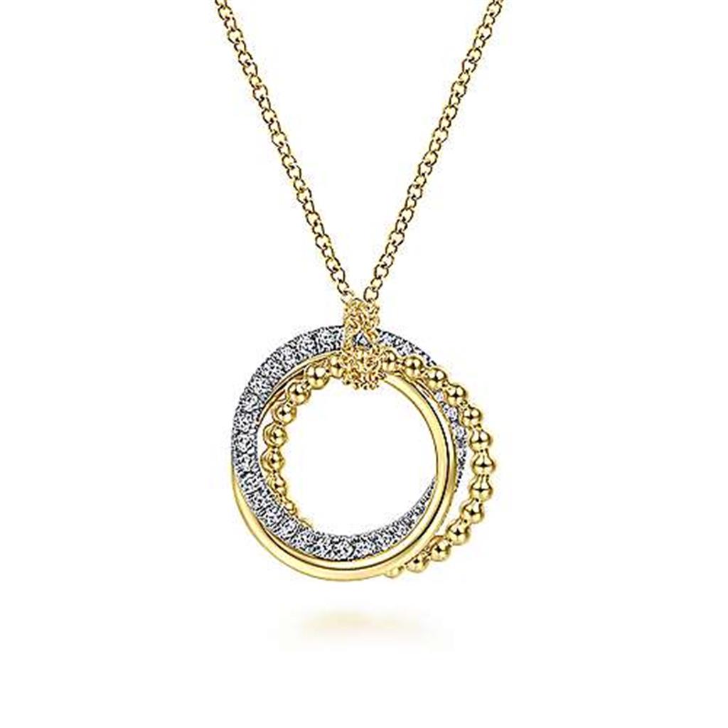 Ladies 14K two-tone gold interlocking circles diamond necklace designed by Gabriel & Co.
