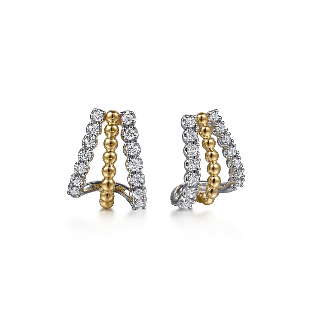 14kt Two-Tone Bujukan Diamond J Hoop Stud Earrings 
