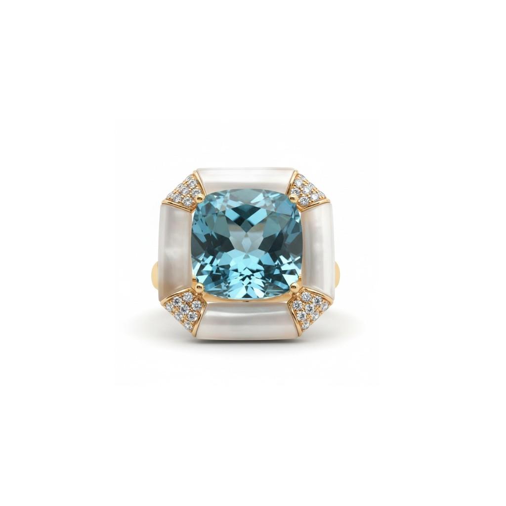 18kt Yellow Gold Mother of Pearl, Diamond & Sky Blue Topaz Fashion Ring