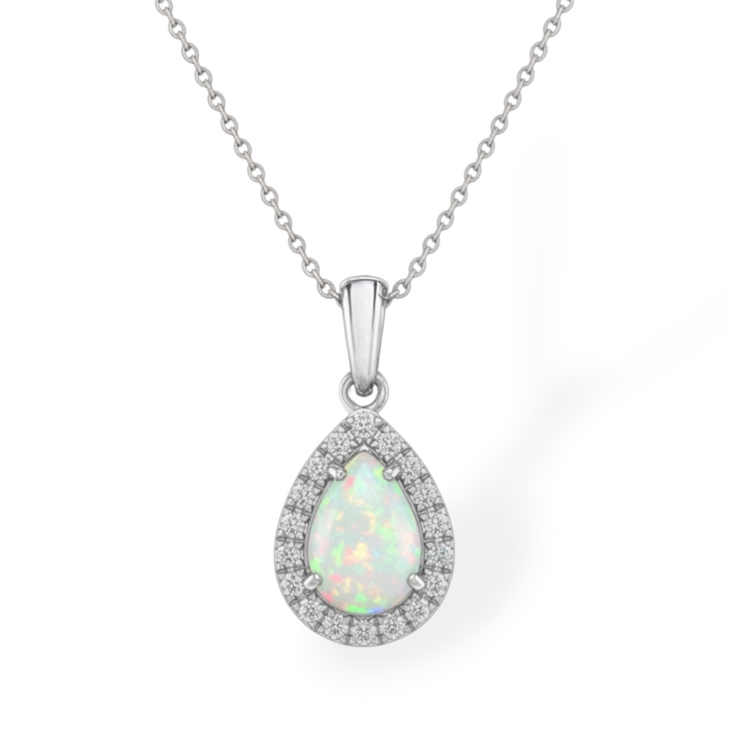 14KT White Gold Pear-Shaped Opal Halo Pendant