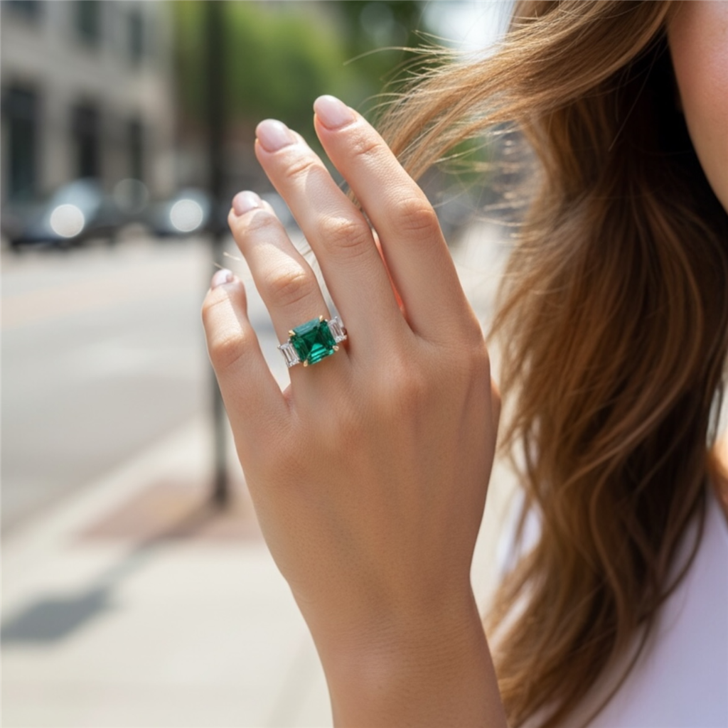 18kt Two-Tone Emerald & Diamond 3-Stone Ring – Bold Statement Fashion Ring