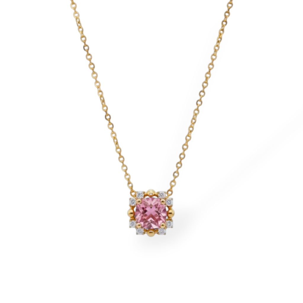 14KT Yellow Gold Pink Tourmaline And Diamond Necklace